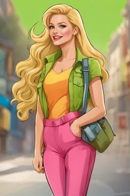 prompt was attractive woman wearing ((lime-green beret)), ((rainbow-colored jumpsuit)), long wavy blond hair, pleased with the result but not in the application of colors