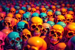 a field of 1000s of cartoonish, anatomically correct, skulls, vivid RANDOM BRIGHT neon colors, dark comedy, well lit, high detail, photorealistic, horrorcore, fun, scary, none featured, each a different color or hue,