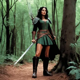 [high res photo for The Legend of Robin Hood, American blockbuster by Del Toro] youthful Joan Baez is a woman version of Queen Henry, standing in the woods in leather high boots with hangers (design by agent provocateur) her weapon in a halberd