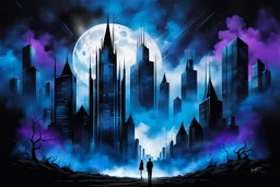 A vibrant blue energy betwen the houses, a deep black, purple sky. the essence of the energetic and captivating , in nightly scene in the higtech cyber city where a human siluette standing in fog, looking to the city. On towers codes languages. surrealism and minimalism, abstract symbols, splash art, black drawing with ink, blurring effect