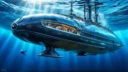 An unique futuristic glass and metal submarine in the ocean, with large of water surrounding it. The submarine bottom positioned in the center of the frame, providing a unique perspective on this streamlined high-techstructure and interior equipment underwater, high detalied, sharp focus, best shot, sci-fi mood