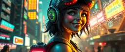 cyberpunk space city, in valley, close up on realistic A charming smiling space pirate hi class girl with disco ball rocket shooting sparks backpack , Blew a fuse in his hips and short-circuited his bits, The Martian fluffy gremlins went wild, the Plutonians dogs screamed, Even black-and-white aliens turned ultraviolet green! in the style of Rembrandt and HR Giger, background motion blur , and volume fog spot lights