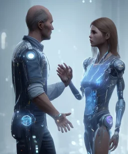 detroit become human, man, young women AI looking at each other, real Handshake with both hands, good detailed hands, sci-fi fantasy style, volumetric lighting, particales,highly detailed,cinamatic, deep colours,8k.