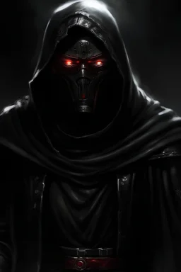 Dark warrior, black robe, not visible face, comic style, red eyes