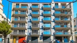 A multi-story residential building with clothes hanging out to dry on a balcony, multiple scooters parked in front of a metal railing on the street, under a clear blue sky