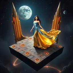 A breathtaking cosmic fantasy scene featuring a stunningly realistic beautiful woman with a perfect face and sculpted figure standing gracefully at the center of a floating geometric platform in deep space. She wears an elegant flowing gown in vibrant gold and blue hues that billow around her perfect form. The platform is constructed from dark cobblestone-like blocks arranged in a star shape. Surrounding her are magnificent CIFI towers like structures,satelights