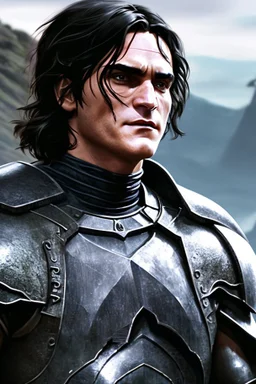 A portrait of Joaquin Phoenix in his early 30s, long beachy haircut, black hair, on a rocky island, in ebony armor from Skyrim, melancholic and dangerous facial expression, half-smiling