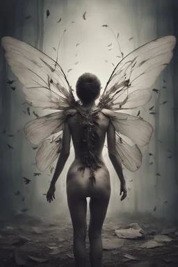 a haunting image of a woman with insect wings protruding from her back as she faces away from us, in despair and pain, her wings that are broken torn and crumbling