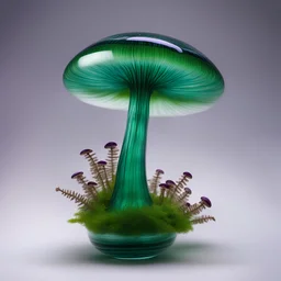 handmade glass art, a forest mushroom, the stem is made of clear transparent glass, small air bubbles and green glass stripes in the core of the stem, the shape is thick at the bottom and narrows at the top. The hat itself is made of purple clear glass where green fused glass is laid as a spiral from the middle outwards on top of the hat and is melted into the hat. The stem is set on a fused purple glass base with yellow glass stripes radiating from the center outwards. Placed in a window