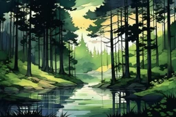 retro anime style, full color, dark serious 1980s anime style, A lake in the forest, watercolor, forest