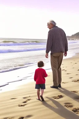 old man walking on beach with little child telling him about the wonders of life style of hiroku ogai walking away from camera