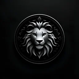 A lion logo design, silver logo, silver eyes, circular logo, black background