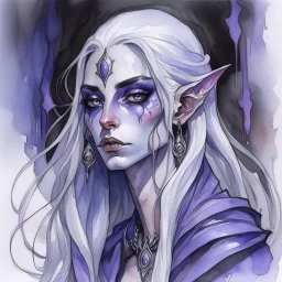 dnd, fantasy, watercolour, large strokes, stylistic, portrait, illustration, dull colours, woman, dark elf, drow, face, narrow long face, cruel face, cold demeanor, purple eyes, piercing eyes, angry expression, white hair, very long hair streaming down the shoulders, lush hair, elegant, short small mouth, cruel smile