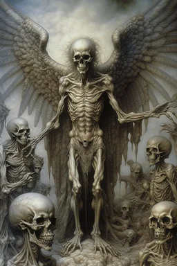 sculpture of a old man with big wings. Multiple faces , Raising his hand upwards. Among skulls , decayed and rotting with grotesque proportions and imagery. abstract grotesqueries, detailed texture, surreal horror, biomechanical design, by hr giger and beksinski