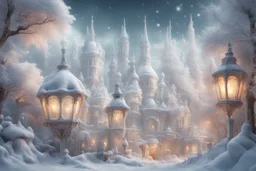 fairy tale city, dream city, landscape in light silver tones, colorful. delicate white velvety clouds, exquisite and filigree, lanterns, ice sculptures in rococo style, snow-covered trees, snow, mystical haze, beautiful, lumen, professional photo, beautiful, high resolution, cgi, f/16, 1/300 s, digital painting with high detail. Dmitry Vishnevsky