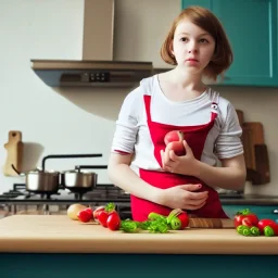 Realistic photo Russian shorthair beautiful tomboy boyish boylike young mother wide hips in kitchen