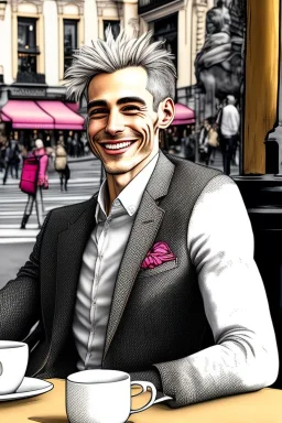 One single mature rich cockatoo with expensive clothes, sitting in a café on the street, Vienna, laughing, colour, model style, hyper realistic, extremely accurate, delicate, extremely detailed, Graphic novel style, wide-angle, open aperture, superfine pencil