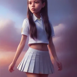 Jenna ortega with school uniform, seifuku, pleated miniskirt, overknee socks, painted by artgerm and tom bagshaw, fantasy art, dramatic lighting, highly detailed oil painting, volumetric lighting