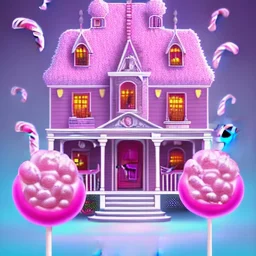 haunted cotton pink candy house with lollipops and cake monsters