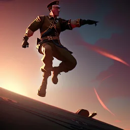 a soldier jumping off of an airship, over a battlefield at night