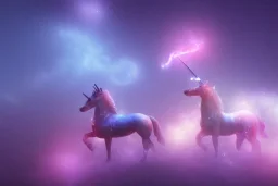 three glowing unicorns in space,nebula in the backround, Christmas theme .