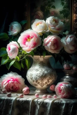 a magnificent, huge bouquet of white and bright pink peony-shaped roses on the table, a beautiful tablecloth, candles, a white vase, hyperphotorealism, mega-volume watercolor,impressionism,ultra-detail,filigree, cinematic, symmetry,many details,dark botanical, beautiful illumination from the inside, soft play of shadows and light, lumen,octane, aesthetically pleasing,beautiful, dim lighting,5d,64k,600dpi,30mm lens,1/250s, f/2.8,ISO5000