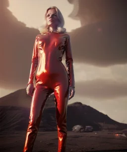 retro sci-fi portrait image from 1980, supermarket parking explosions, fire, scared people, blonde woman walking, sweet Kate moss face, tight latex suit, soft color, highly detailed, unreal engine 5, ray tracing, RTX, lumen lighting, ultra detail, volumetric lighting, 3d, finely drawn, high definition, high resolution.