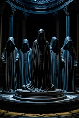 An image of 6 hooded figures around an altar of a Proxmox cluster