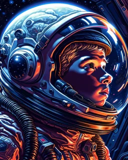 a close up of a boy in a space suit, portrait of an astronaut, portrait of an ai astronaut, jen bartel, portrait of astronaut, detailed astronaut, inspired by Tim Hildebrandt, futuristic astronaut, glowing spacesuit, sci-fi digital art illustration, stefan koidl inspired, in spacesuit, looking out into space, astronaut