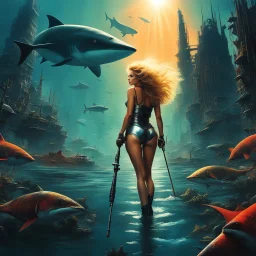 Barbarella, a fishing rod in hand, stands in murky waters of a post-apocalyptic underwater city. surreal scene , dreamlike, metropolis submerged in chaos , blood and danger. in the sunsets she stands with a fierce sense of power, surrounded by circling sharks. The sharks' teeth moving in the light, add to the tension. weirder the better. Bigger monsters. Stronger hero