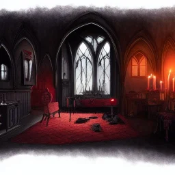 , Vampire lair,gothic manor, blood,room interior design illustration by mick ricereto, detailed, interior croquis color illustration, digital illustration, 4k, ultra hd