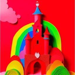 A red castle in the sky with rainbows designed in Chinese paper arts painted by Henri Matisse