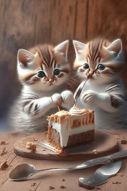 cute kittens eating cake with a wooden spoon