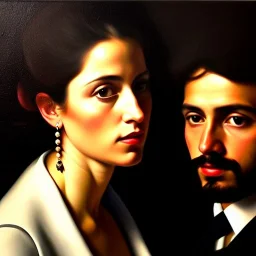 portrait of Jacobo Santiago Mozos born in 1976 and Gemma Arnau Arnau born in 1979,Caravaggio, oil on canvas, cinematic composition, extreme detail,8k,fit full head inside picture,