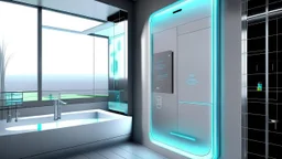 A futuristic digital artwork showing a sleek, minimalist bathroom with a high-tech smart mirror that displays the user's reflection along with personalized data such as weather forecast and daily schedule. The mirror's frame is made of polished chrome, adding a touch of luxury to the high-tech setting