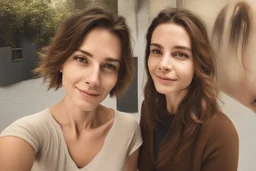 A selfie of a brunette woman, middle short hair, showing a 27-year-old European woman. She has white skin, tousled brown hair, face without makeup, big round dark brown eyes, cute profiled nose, detailed full lips, skin texture. Split screen and show the same face but 10 years older
