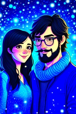 Christmas scene, dark haired couple, man with short black beard and glasses, woman with long hair, blue eyes, young couple, graphic