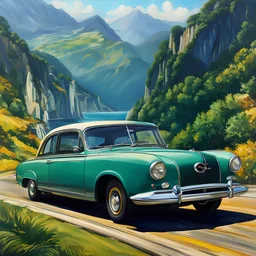 Painting, art deco, art nouveau, fast driving a Opel Olympia Rekord in italy, coast mountains 1980, Ultra HD, realistic painting, 8K