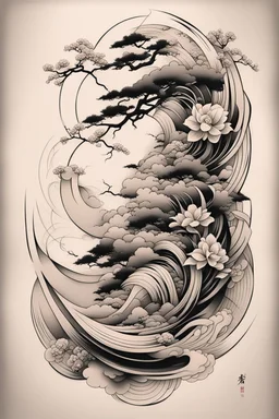 Create a captivating modern 2d Japanese tattoo design for print , using the elegant influences of japan art style, for print, dynamic elements from fashion and design, and bold Japanese art aesthetics, framing centered in the center, distanced from the edges of the paper perimeter, perfect anatomy, bauhaus, Divine Proportion,