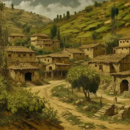 A brown underground mining village covered in vines painted by Karl Wiener