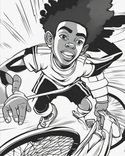 coloring page, depicting a black kid as an Athlete, full body, outline, black and white, highly defined, white background, empty background, cartoon style, coloring book style