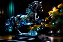 night, dark room, bioluminescent Coloured glass dynamically jumping horse set with gemstones, glittering metal stems and gemstone leaves on a room table sharp focus elegant extremely detailed intricate very attractive beautiful dynamic lighting fantastic view crisp quality exquisite detail gems and jewels S<AI Weight:1 Professional photography, bokeh, natural lighting, canon lens, shot on dslr 64 megapixels sharp focus Weight:0.9