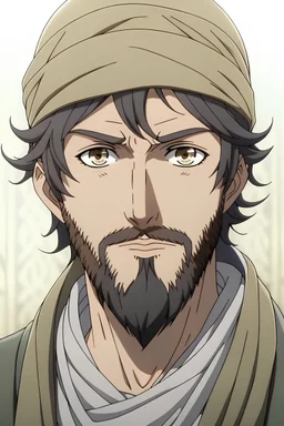 A 30-year-old man with sharp hazel eyes, wearing old Arabic clothes and a short beard. anime