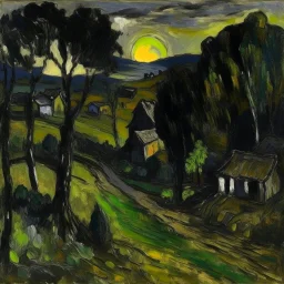 A black village in a shadow realm painted by Claude Monet