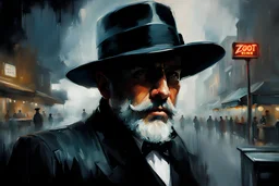 a man with a neat beard and a hat, face hidden in shaddows,wearing a zoot suit, by a 50s diner smiling :: dark mysterious esoteric atmosphere :: digital matt painting with rough paint strokes by Jeremy Mann + Carne Griffiths + Leonid Afremov, black canvas, dramatic shading, detailed face