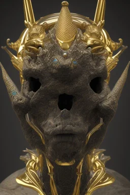 shiny black male African Egyptian alien, cracks in the voodoo head, wicked, eyes, crown, Elephant, 8k, finely detailed, photo realistic, tiger turquoise skull head gold dragon space alien snow skeleton gold horny toad silver crown silver eyes