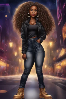 Create a digital airbrush cartoon of an African American female wearing a black jean outfit with timberland boots. Prominent make up with hazel eyes. She is wearing large diamond hoop earrings. Extremely highly detailed very long curly hair that shines. Background of a night club.