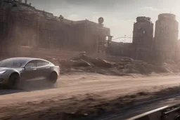 A Tesla 'Model Y' is drifting at high speeds, within the trench of the Death Star. (CINEMATIC, WIDE ANGLE LENS, PHOTO REAL)