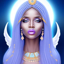 portrait of a beautiful somalian woman with an angel face smiling,long blond hair, blue eyes, pink and blue dress, jewels, soft light aura