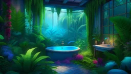 fantasy, An idyllic tropical bathroom showcasing an outdoor shower surrounded by colorful tropical plants, including blue orchids and green ferns, during a misty afternoon., adventure core, soft and dreamy depictions, epic eerie